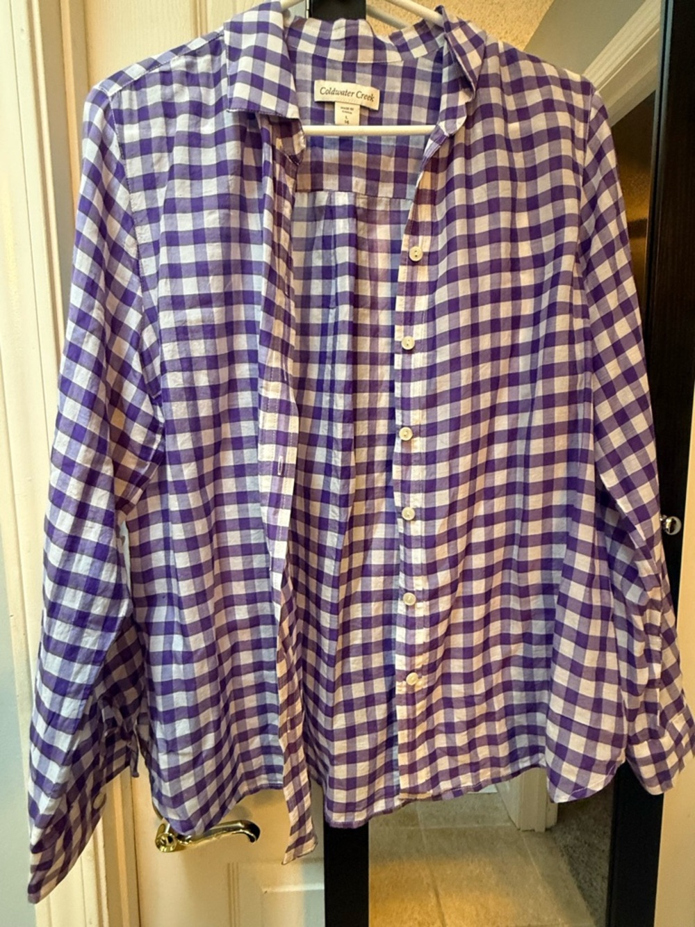 Coldwater Creek Purple & White Gingham Shirt cotton/silk blend Large